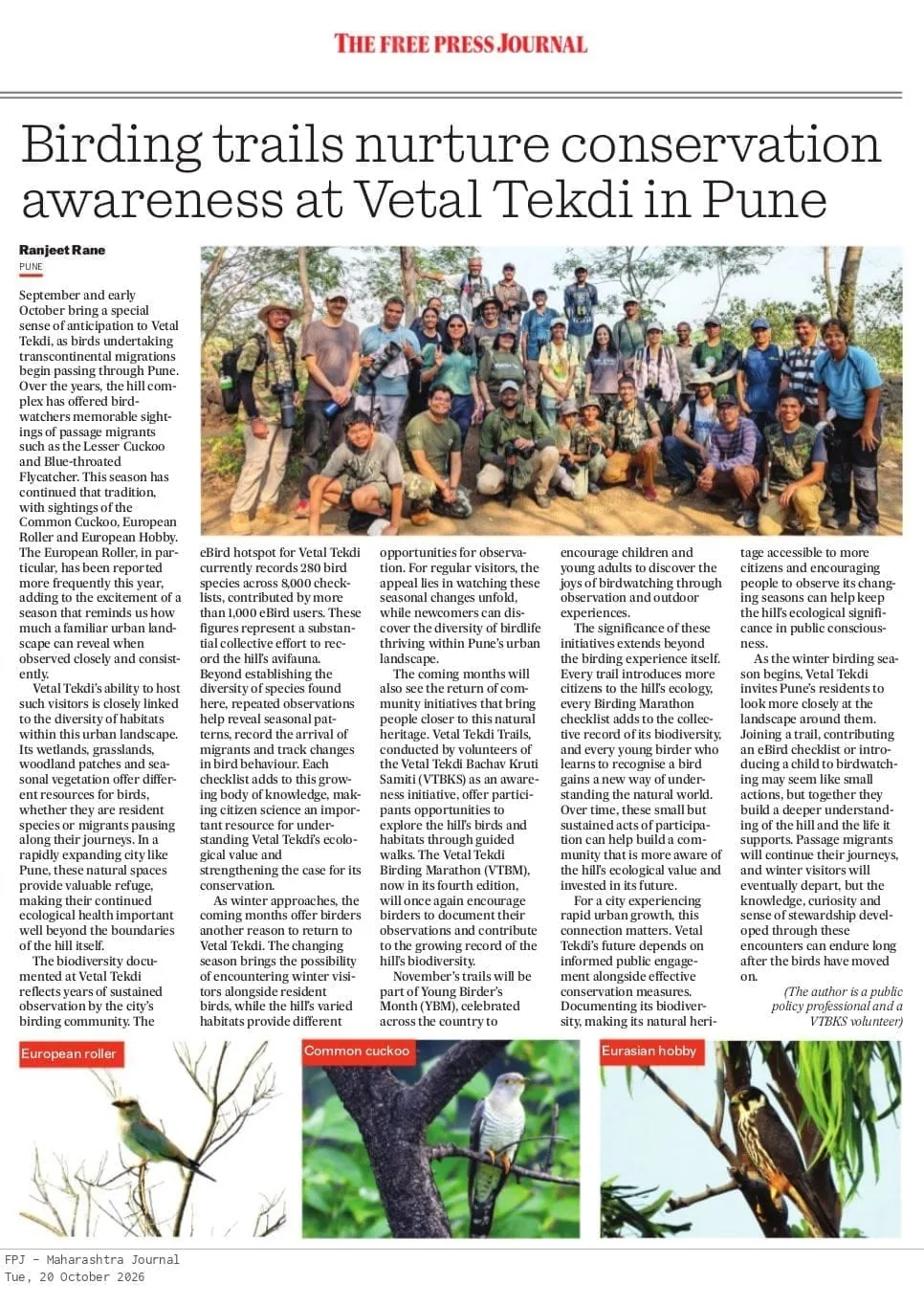 Clipping: Birding trails nurture conservation awareness at Vetal Tekdi in Pune