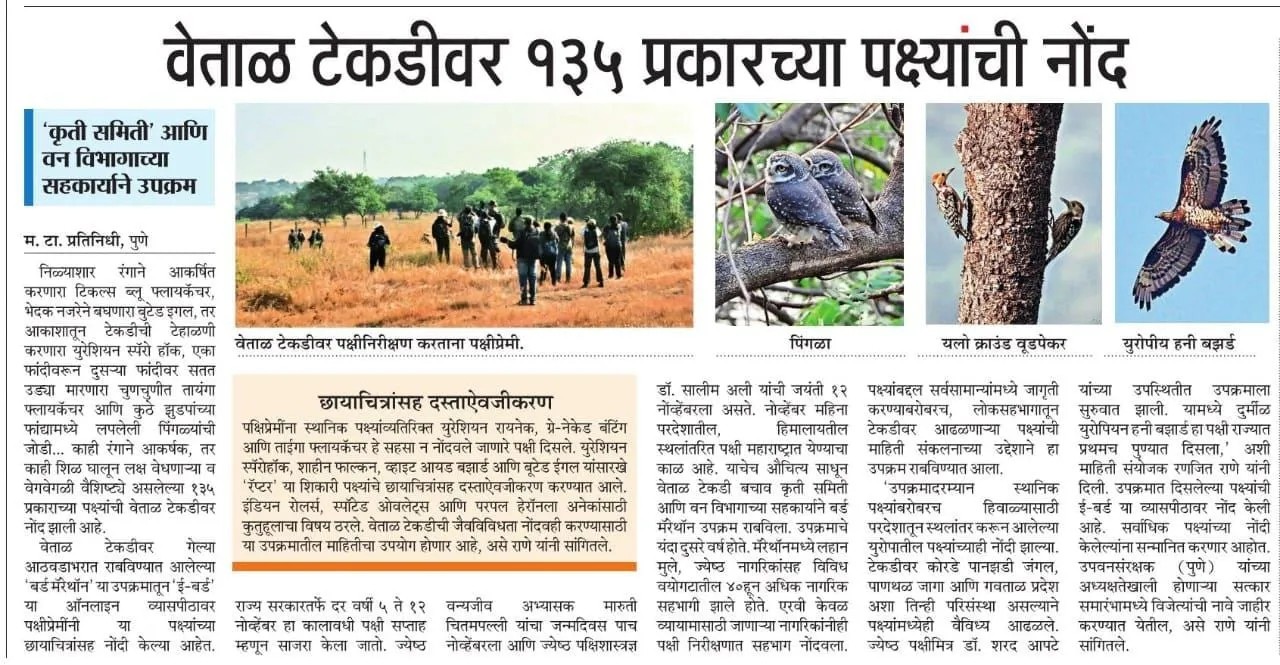 Clipping: वेताळ टेकडीवर १३५ प्रकारच्या पक्ष्यांची नोंद