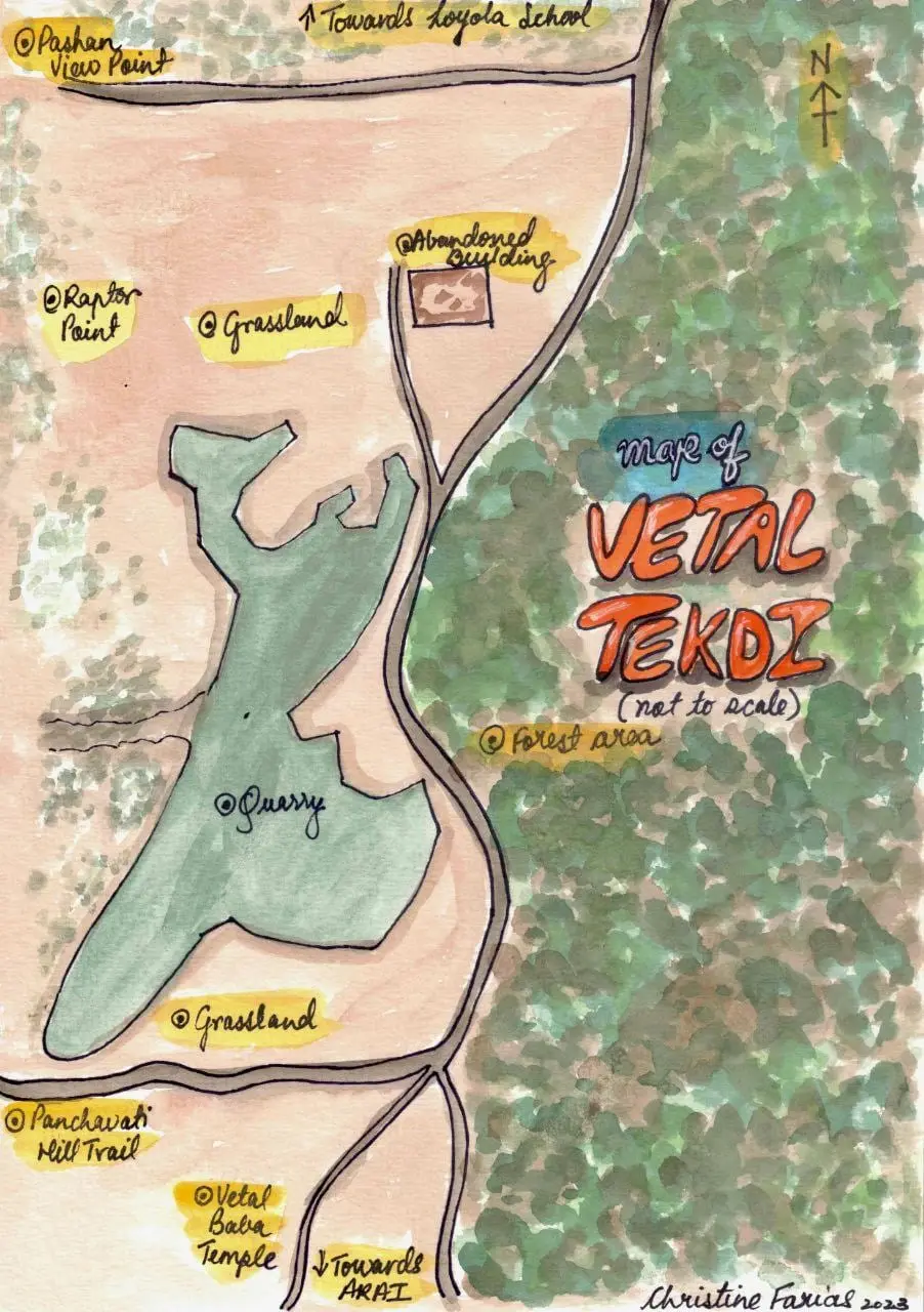Hand-drawn map of Vetal Tekdi showing the quarry, grasslands, woodland and temple
